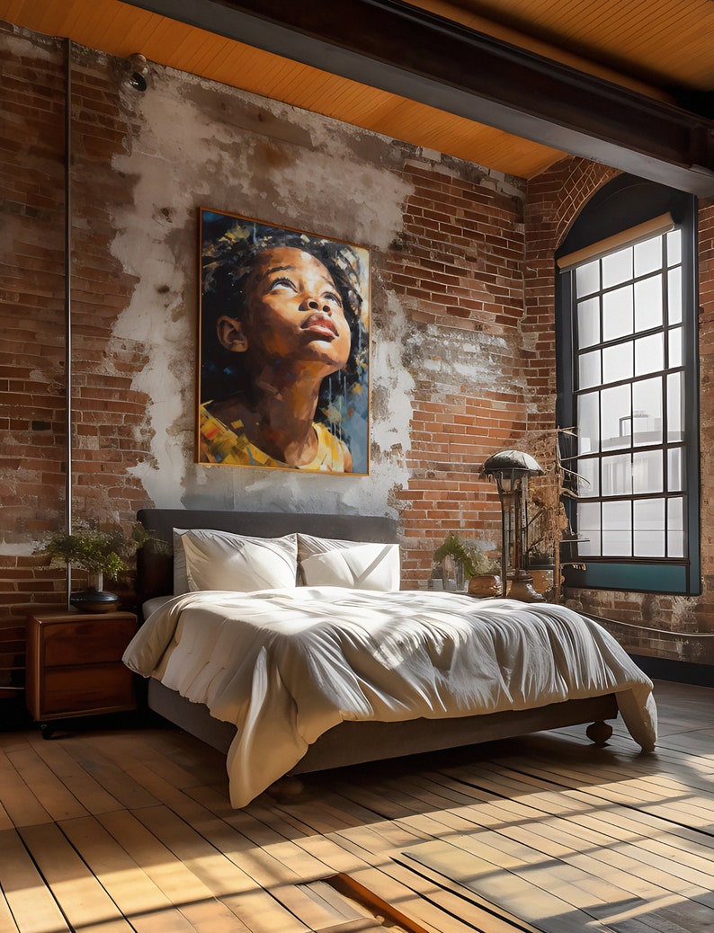 May include: A bedroom with a large window, exposed brick walls, and a bed with white bedding. A painting of a young girl looking up is hanging on the wall.