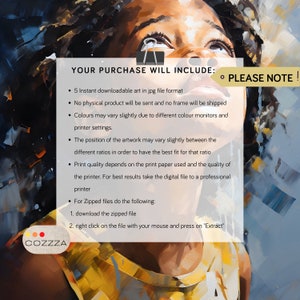 May include: A digital art print listing with a text overlay that reads "Your Purchase Will Include:" and lists the details of the purchase. The text overlay is on a background of a colorful abstract painting of a person's face.