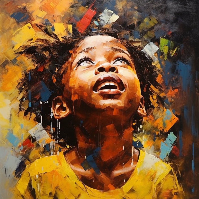 Peut inclure: Un portrait rapproch&eacute; d'une jeune personne &agrave; la peau brune fonc&eacute;e et aux cheveux boucl&eacute;s. La personne regarde vers le haut, la bouche ouverte, comme si elle chantait ou criait. L'arri&egrave;re-plan est une peinture abstraite color&eacute;e avec des &eacute;claboussures de jaune, d'orange, de rouge, de bleu et de vert.