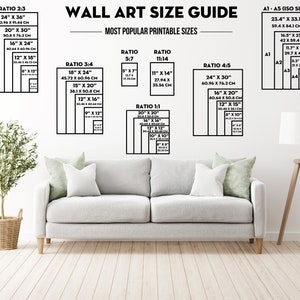 May include: A guide to wall art sizes with different aspect ratios, including 2:3, 3:4, 4:5, 5:7, 11:14, and 1:1. The guide shows the dimensions in inches and centimeters for each ratio. The guide also includes a section for ISO paper sizes, including A1, A2, A3, A4, and A5.