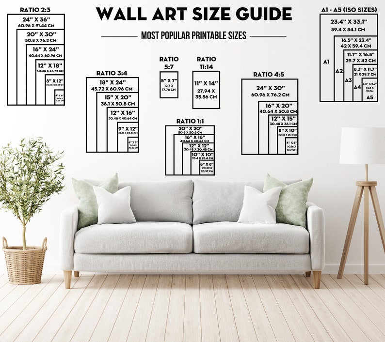 May include: A guide to wall art sizes with different aspect ratios, including 2:3, 3:4, 4:5, 5:7, 11:14, and 1:1. The guide shows the dimensions in inches and centimeters for each ratio. The guide also includes a section for ISO paper sizes, including A1, A2, A3, A4, and A5.