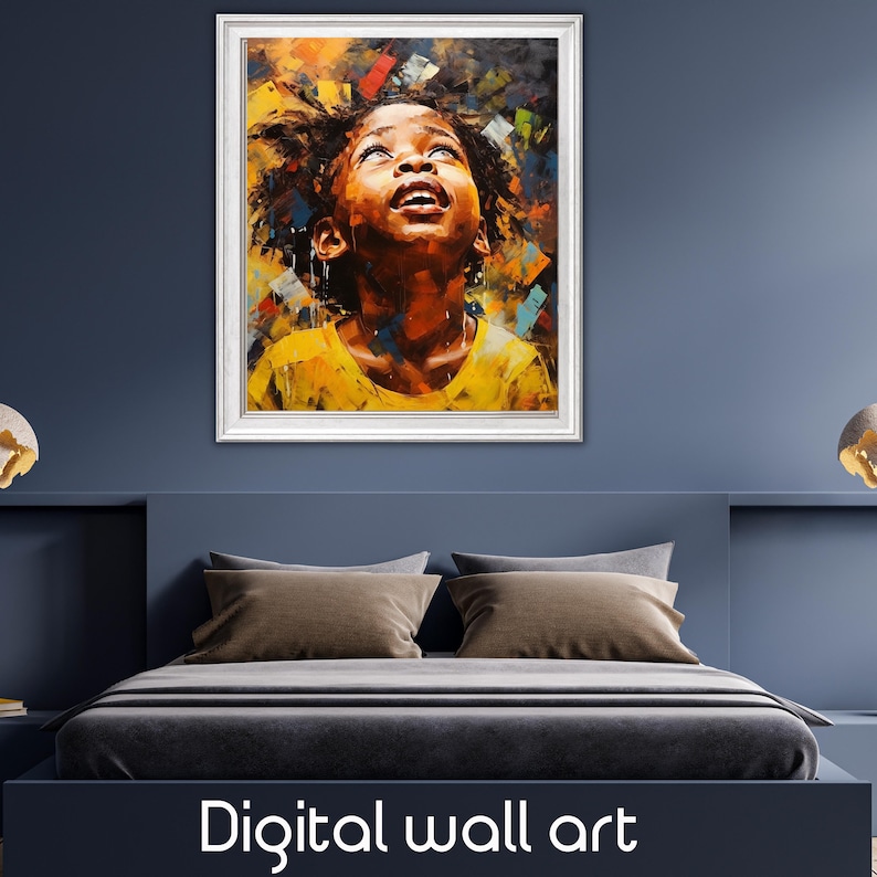 Peut inclure: Une impression d'art mural num&eacute;rique repr&eacute;sentant une peinture d'un jeune &agrave; la peau fonc&eacute;e regardant vers le haut avec une expression d'espoir. La peinture est r&eacute;alis&eacute;e dans un style color&eacute; avec des &eacute;claboussures de jaune, de bleu, de vert et de rouge.