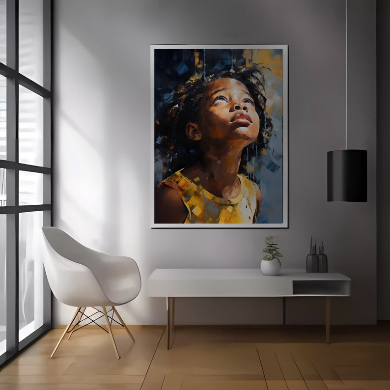 May include: A painting of a young girl with dark brown skin and dark curly hair looking up. She is wearing a yellow sleeveless shirt and the background is a blue and yellow abstract design.