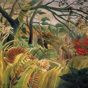 Henri Rousseau Pintables of Tiger in a Tropical Storm, Downloadable Wall Art, digital Original and AI enhanced file ideal for enlarging,