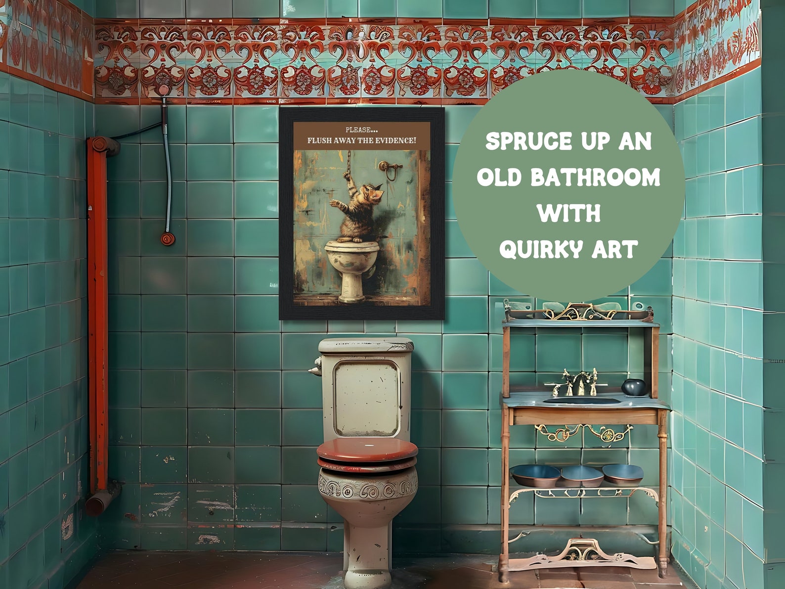 Funny Bathroom Wall Art, Decor Toilet Poster With Cat, Vintage ...