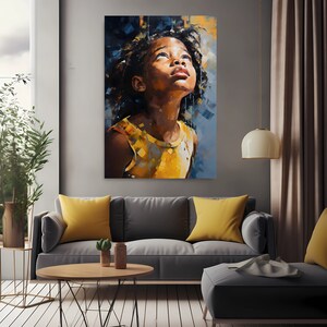 May include: A painting of a young girl with dark brown hair and skin, wearing a yellow tank top, looking up at the sky. The painting is done in a realistic style with a focus on the girl's expression.
