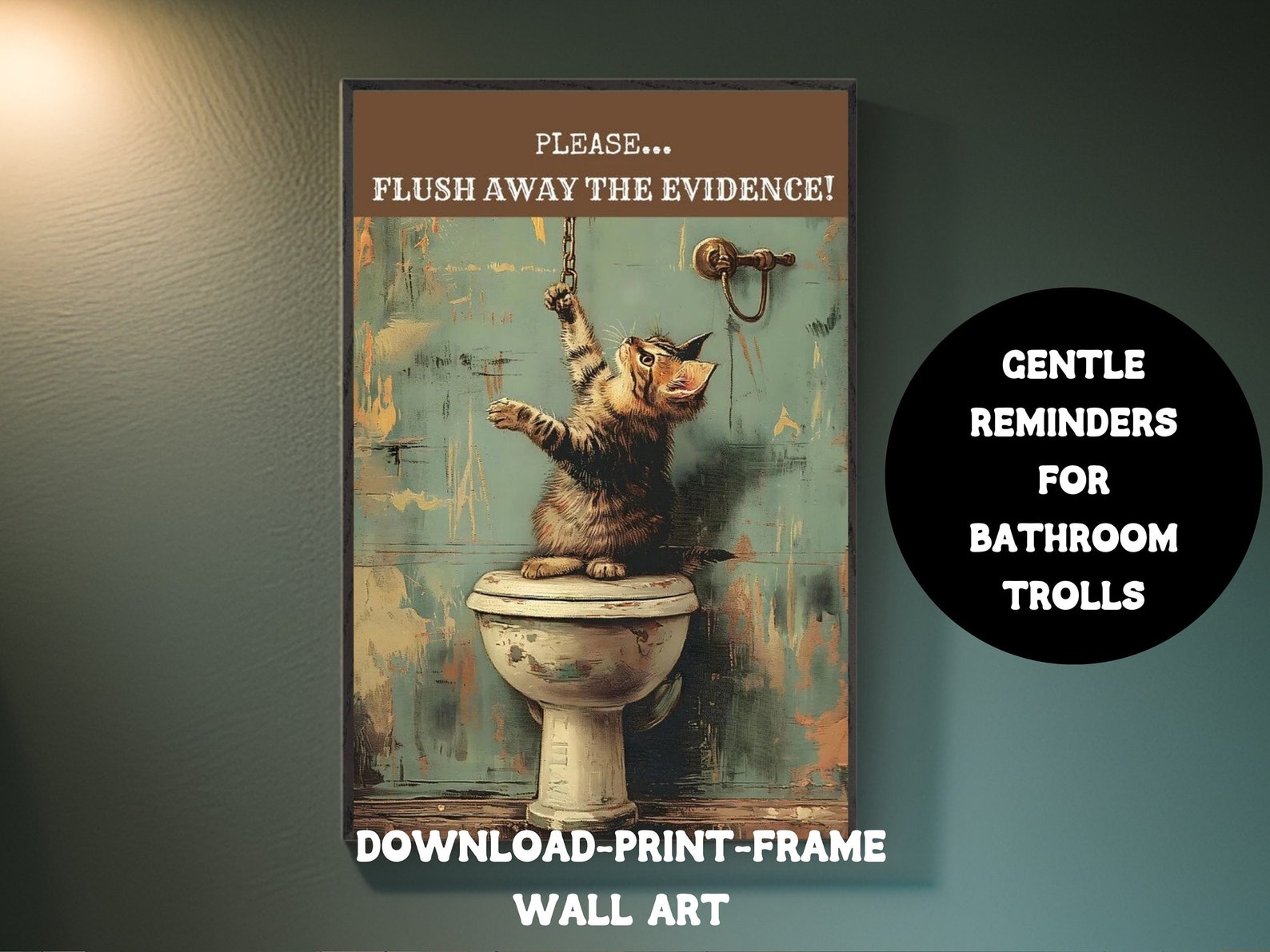 Funny Bathroom Wall Art, Decor Toilet Poster With Cat, Vintage ...