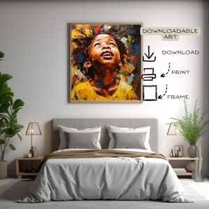 Peut inclure: Une peinture num&eacute;rique d'un jeune enfant noir regardant vers le haut avec une expression d'espoir. L'enfant porte une chemise jaune et a les cheveux brun fonc&eacute;. L'arri&egrave;re-plan est un motif abstrait color&eacute;.
