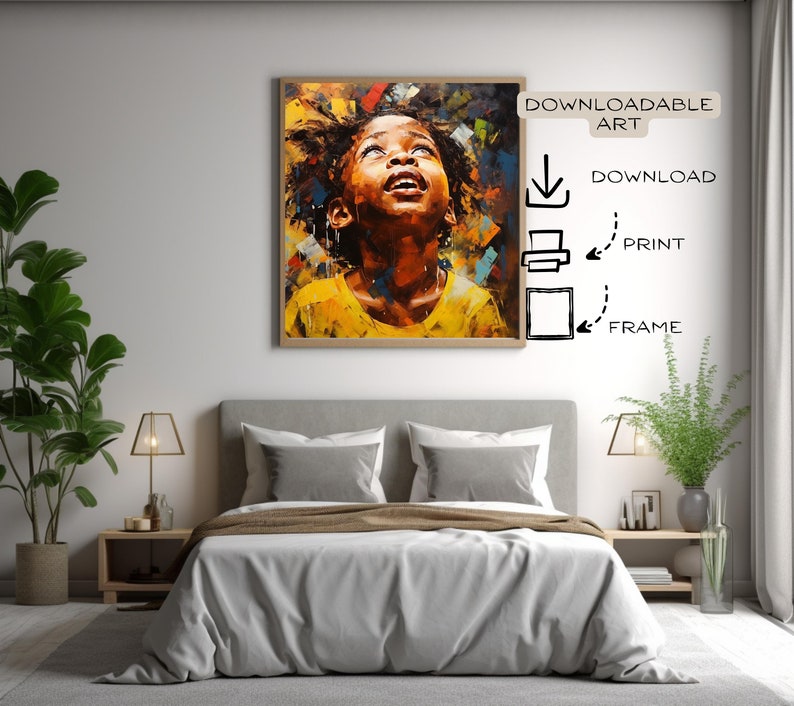 Peut inclure: Une peinture num&eacute;rique d'un jeune enfant noir regardant vers le haut avec une expression d'espoir. L'enfant porte une chemise jaune et a les cheveux brun fonc&eacute;. L'arri&egrave;re-plan est un motif abstrait color&eacute;.