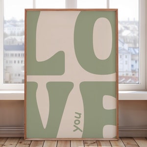 Love you Wall Art Print, Bold Retro Green Poster, Retro wall art, Cool Apartment Art, Aesthetic Living Room, Wall Decor, Above Bedroom Print