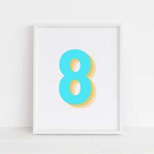 Retro 3d Neon Blue Number 8 Print, Monogram Number Eight print, Blue Digit, Birthday Age, baby letter poster, descarga digital, Wall art
