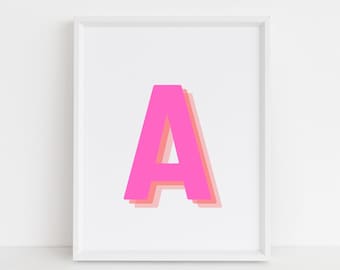 Retro 3d Letter A Print, Monogram Letter print, pink and orange Letter, Initial alphabet print, baby letter art, digital download, Wall art