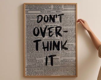 Don't Overthink It Print, Retro Newspaper Print, Dorm Decor, Trendy Print, Typography Poster, Apartment Aesthetic, Printable Art, Wall Decor