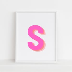 Retro 3d Letter S Print, Monogram Letter print, pink and orange Letter, Initial alphabet print, baby letter art, digital download, Wall art
