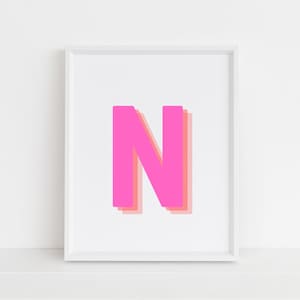 May include: A white framed print with a pink letter N in a layered, overlapping style. The letter is a bold, graphic design.