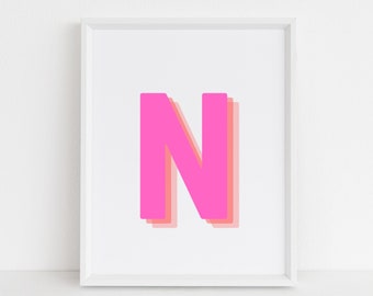 Retro 3d Letter N Print, Monogram Letter print, pink and orange Letter, Initial alphabet print, baby letter art, digital download, Wall art