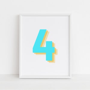 Retro 3d Neon Blue Number 4 Print, Monogram Number Four print, Blue Digit, Birthday Age print, baby letter poster, descarga digital, Wall art