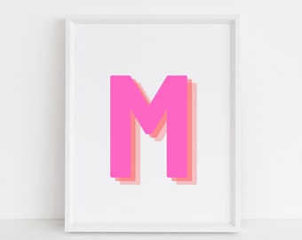Retro 3d Letter M Print, Monogram Letter print, Pink and Orange Letter, Initial alphabet print, baby letter art, digital download, Wall art