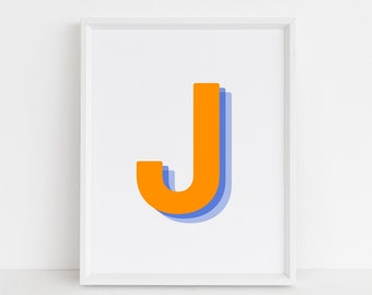 Retro 3d Letter J Print, Monogram Letter print, orange and navy Letter, Initial alphabet print, baby letter art, digital download, Wall art