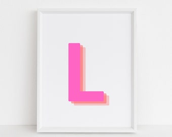 Retro 3d Letter L Print, Monogram Letter print, pink and orange Letter, Initial alphabet print, baby letter art, digital download, Wall art