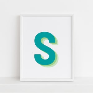 Retro 3d Letter S Print, Monogram Letter print, Green and Lime Letter, Initial alphabet print, baby letter art, digital download, Wall art