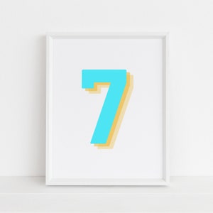 Retro 3d Neon Blue Number 7 Print, Monogram Number Seven print, Blue Digit, Birthday Age, baby letter poster, descarga digital, Wall art