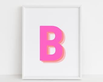 Retro 3d Letter B Print, Monogram Letter print, pink and orange Letter, Initial alphabet print, baby letter art, digital download, Wall art