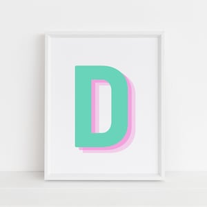 Retro 3d Letter D Print, Monogram Letter print, Green and Pink Letter, Initial alphabet print, baby letter art, digital download, Wall art