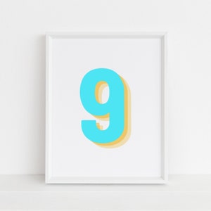 Retro 3d Neon Blue Number 9 Print, Monogram Number Nine print, Blue Digit, Birthday Age, baby letter poster, digital download, Wall art