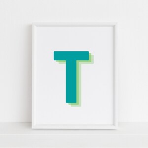 Retro 3d T Letter Print, Monogram Letter print, Green and Lime Letter, Initial alphabet print, baby letter art, digital download, Wall art