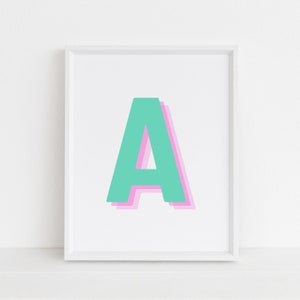 Retro 3d Letter A Print, Monogram Letter print, Green and pink Letter, Initial alphabet print, baby letter art, digital download, Wall art