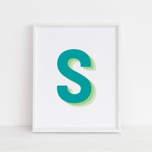 Retro 3d Letter S Print, Monogram Letter print, Green and Lime Letter, Initial alphabet print, baby letter art, digital download, Wall art