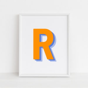 Retro 3d Letter R Print, Monogram Letter print, carta naranja y azul marino, impresión inicial del alfabeto, arte de letras de bebé, descarga digital, arte de pared