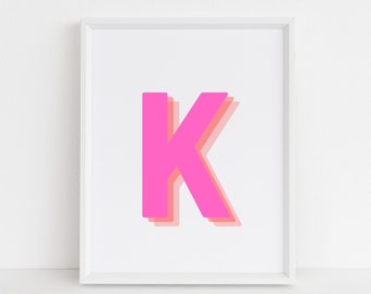 Retro 3d Letter K Print, Monogram Letter print, pink and orange Letter, Initial alphabet print, baby letter art, digital download, Wall art