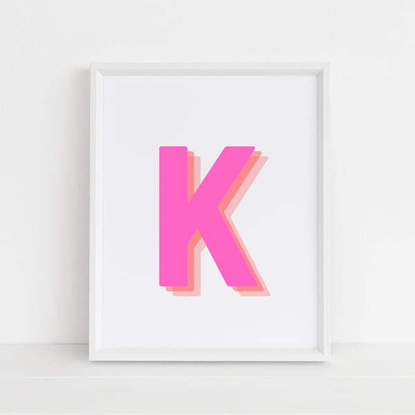 Retro 3d Letter K Print, Monogram Letter print, pink and orange Letter, Initial alphabet print, baby letter art, digital download, Wall art