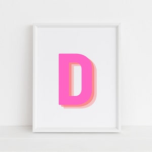 Retro 3d Letter D Print, Monogram Letter print, pink and orange Letter, Initial alphabet print, baby letter art, digital download, Wall art