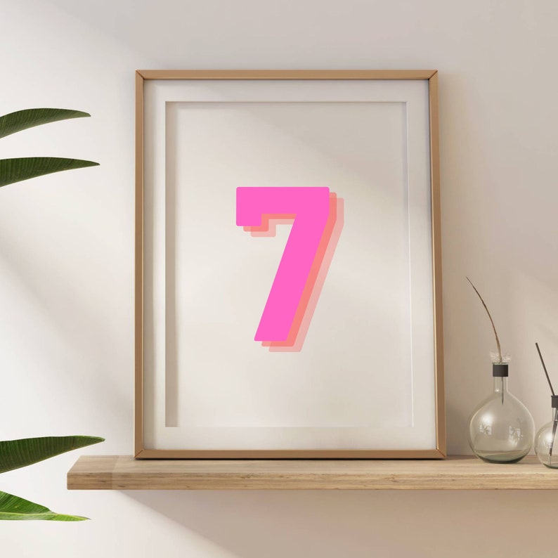 Retro 3d Number 7 Print, Monogram Number Seven Print, Pink and Orange ...