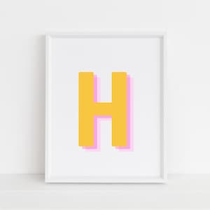 Retro 3d H Print, Monogram Letter H print, Yellow Pink Letter, Initial Alphabet H Poster, Digital download, Retro Wall Art, Dorm Decor