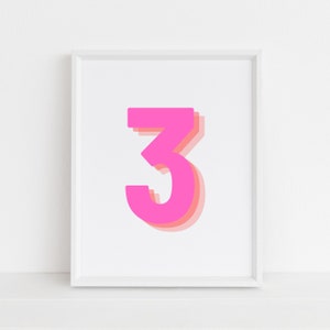 Retro 3d Number 3 Print, Monogram Number Three print, pink and orange Number, Birthday Age print, baby letter art, digital download,Wall art