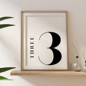 Impression minimaliste, Enseigne numéro 3, Impressions numériques, Art mural imprimable, Art noir et blanc, Art scandinave, Décor minimaliste, Art moderne