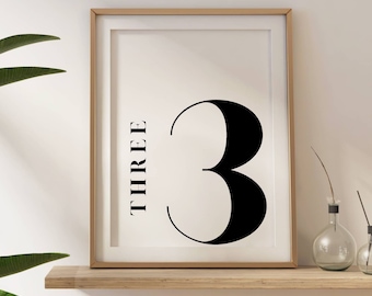 Minimalist print, Number 3 sign, Number prints, Printable wall art, Black and white art, Scandinavian art, Minimalist decor, Modern art