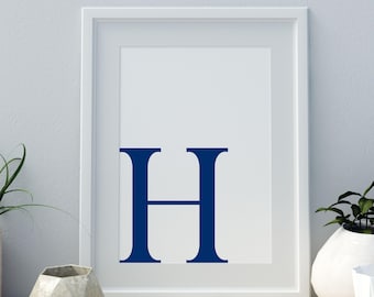 Navy Letter H Print, Minimalist Monogram Wall Art, Alphabet Initial Poster, Digital Download, Large Printable Art