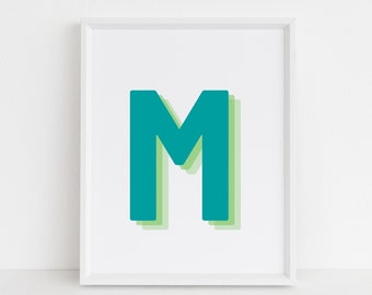 Retro 3d Letter M Print, Monogram Letter print, Green and Lime Letter, Initial alphabet print, baby letter art, digital download, Wall art