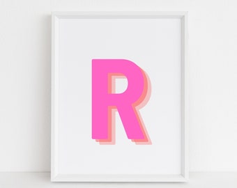 Retro 3d Letter R Print, Monogram Letter print, pink and orange Letter, Initial alphabet print, baby letter art, digital download, Wall art