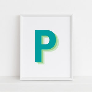 Retro 3d Letter P Print, Monogram Letter print, Green and Lime Letter, Initial alphabet print, baby letter art, digital download, Wall art