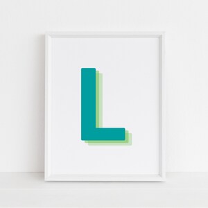 Impresión retro de letra L en 3D, impresión de letras monograma, letra verde y lima, impresión del alfabeto inicial, arte de letras de bebé, descarga digital, arte de pared