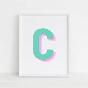 Retro 3d Letter C Print, Monogram Letter print, green and pink Letter, Initial alphabet print, baby letter art, digital download, Wall art
