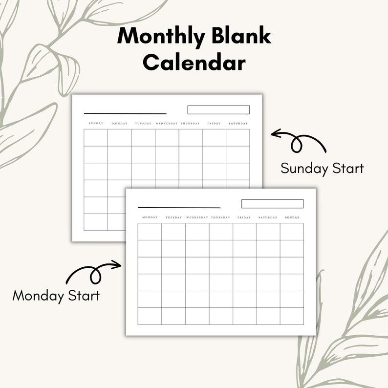 Minimalist Monthly Calendar Landscape, Printable Calendar, Year ...