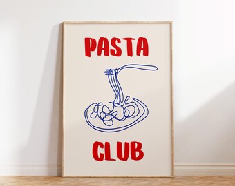 Hand Drawn Pasta Print, Pasta Club Poster, Modern Dinning Room Art, Digital Download, Pasta Lover Gift, Kitchen Wall Art, Retro Food Print