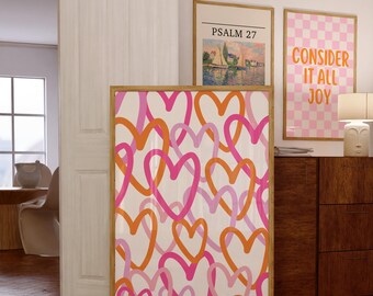 Trendy Preppy Pink Orange Herz Druck, Pink Poster, Graffiti Herzen Wand Kunst Druck, Abstrakte Herzen Kunst, Digitaldrucke, Studentenwohnheim College Zimmer
